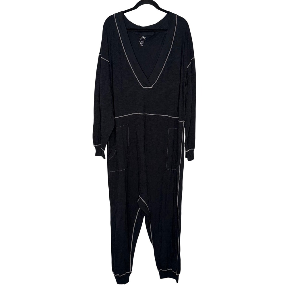 Natural Life Jumpsuit Women XL Black Contrast Stitch VNeck Long Sleeve Excellent